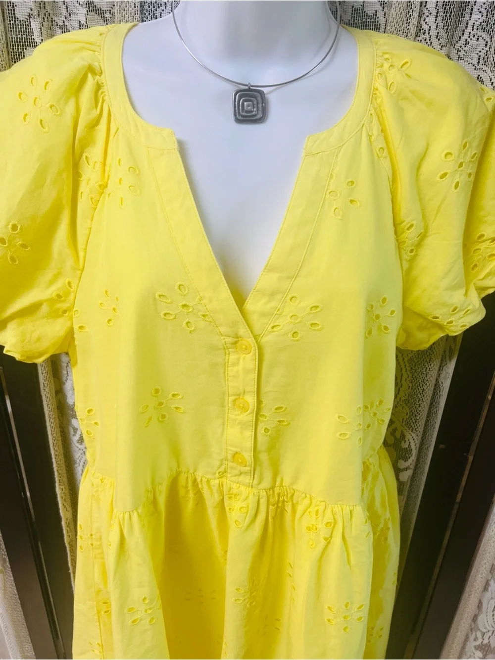 PEYTON‎ & PARKER Yellow Eyelet Mini Dress XS Puffed Sleeve Cotton Babydoll Dress